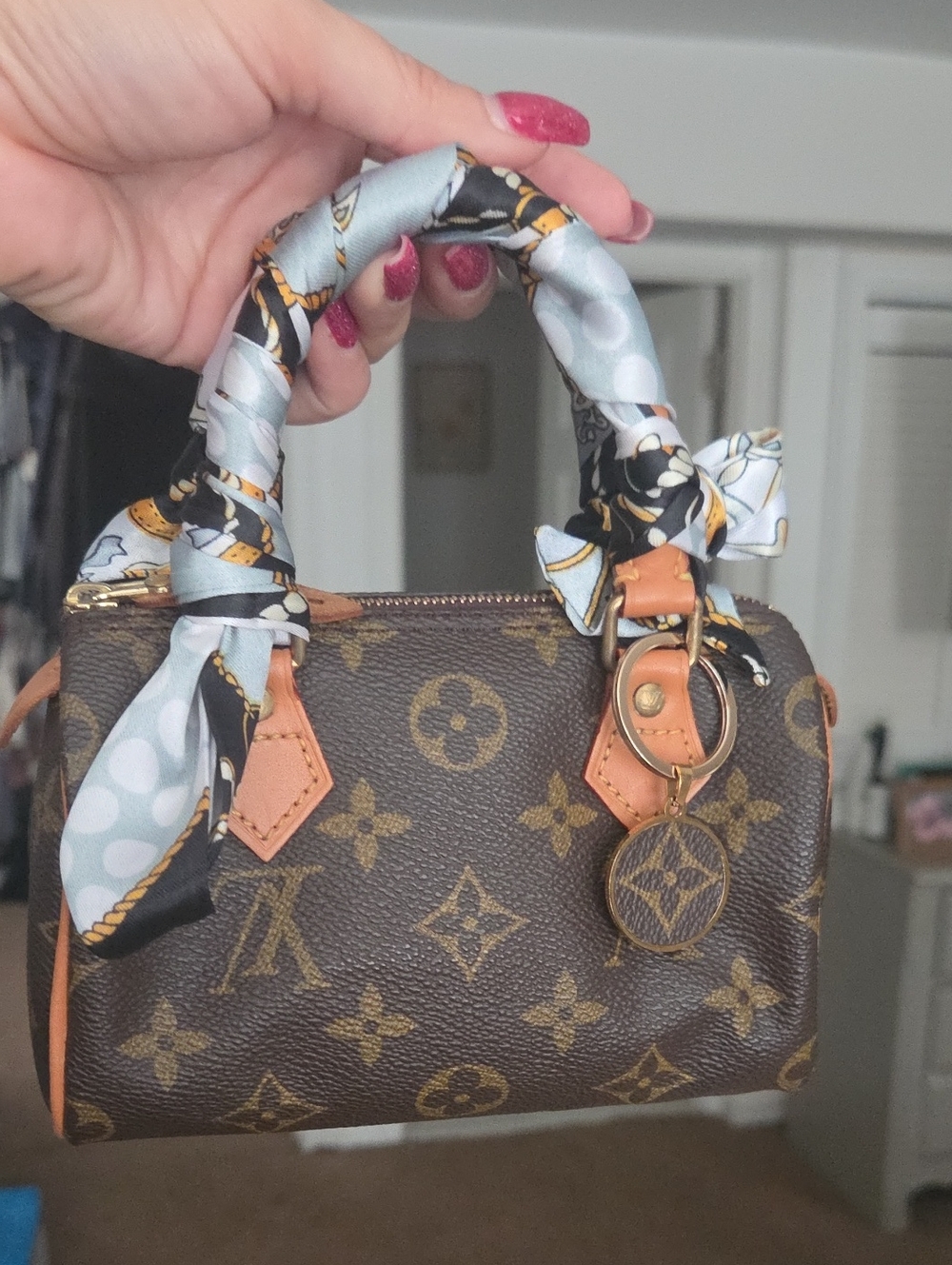 Louis Vuitton Brown Monogram Mini Speedy with Light Blue Scarf-Wrapped Handles